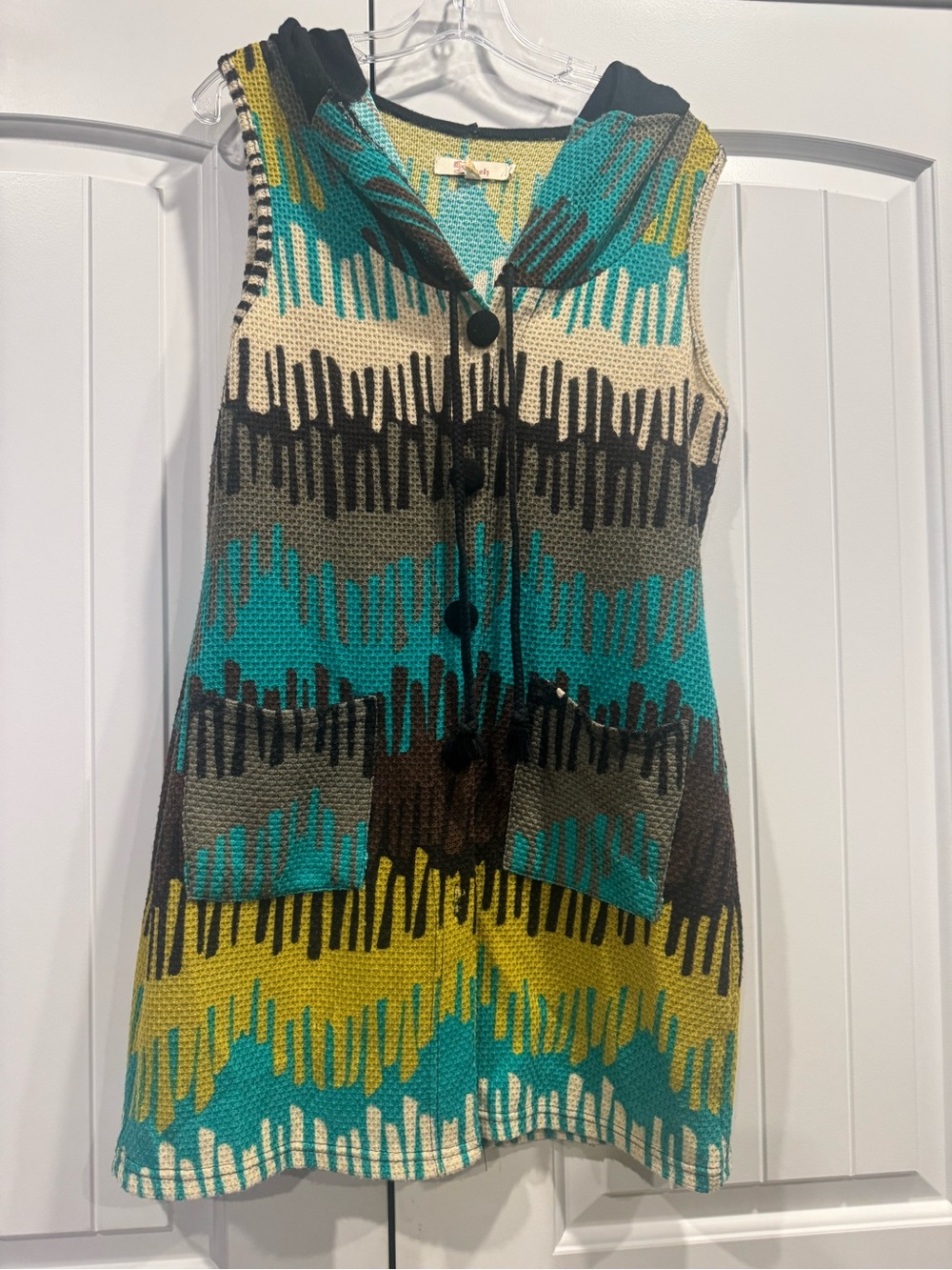 Sleeveless Hooded Knit vest in Teal, Yellow & Brown